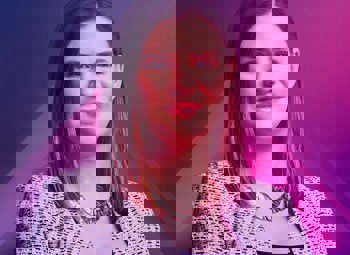 Image of Claire Singer on a neon pink and purple background