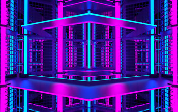 Purple building with metal frame in neon lighting