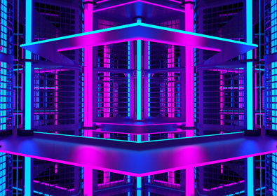 Purple building with metal frame in neon lighting