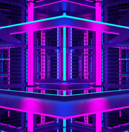 Purple building with metal frame in neon lighting