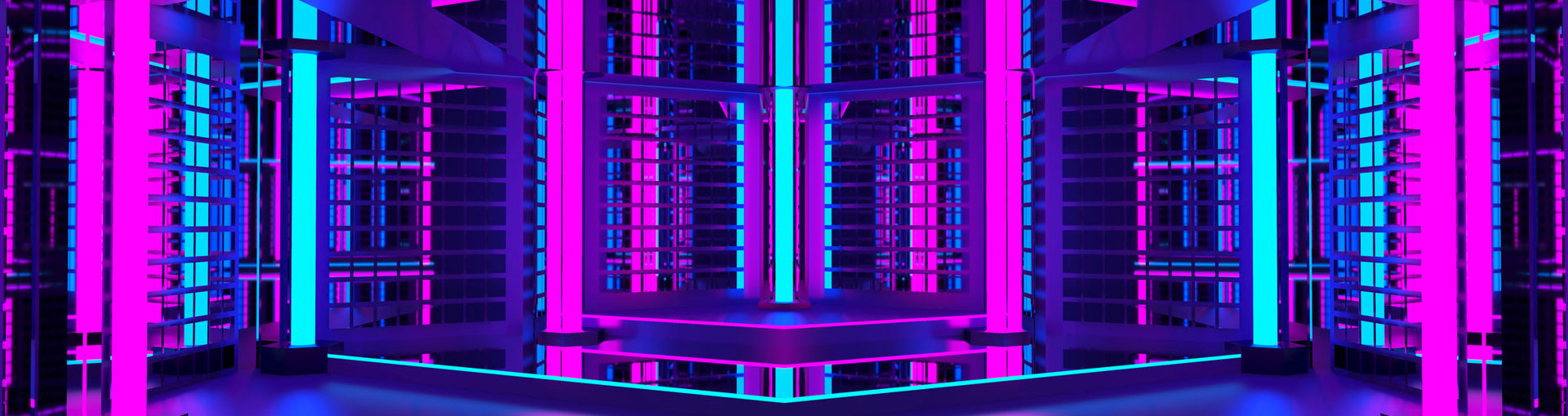 Purple building with metal frame in neon lighting