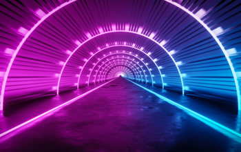 Neon semicircles under a bridge