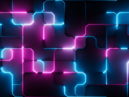 Neon lights along a circuit board