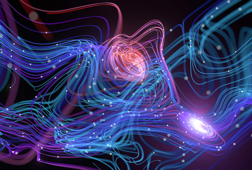 Image of fine neon lines on a purple neon background - similar to wiring in a brain or circuit diagram