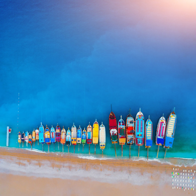 Row of colourful boats along a sandy blue beach taken in an aerial shot