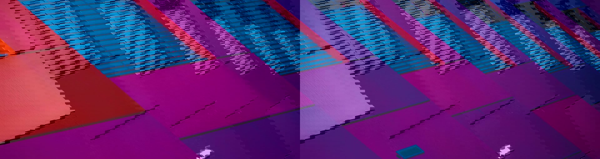 Abstract image of building with purple and blue panels and window frames