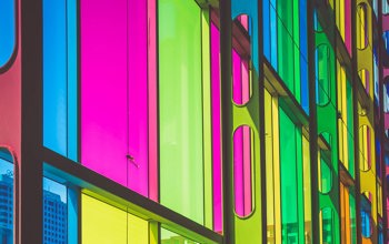 Building glass in various neon colours