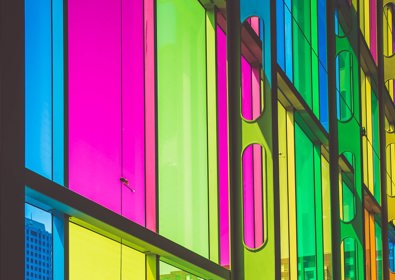 Building glass in various neon colours