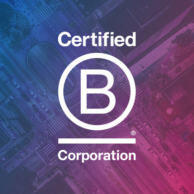 B Corp Certificate on a neon background showing a cityscape
