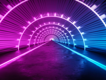 Tunnel with neon lights in a semi-circle into the horizon