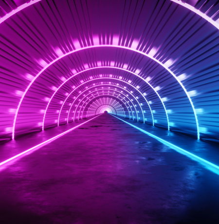 Tunnel with neon lights in a semi-circle into the horizon