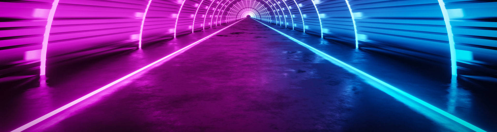 Tunnel with neon lights in a semi-circle into the horizon