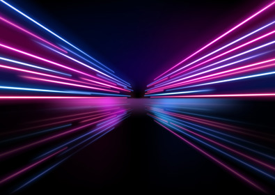 Neon light moving toward the horizon on black background