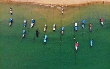 Birds eye view of boats near the shore at sunset