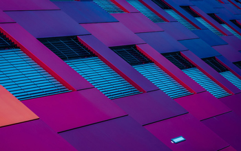 Purple building with blinds