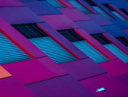 Purple building with blinds