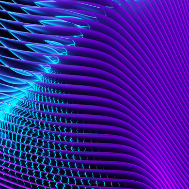  Abstract digital artwork featuring a pattern of curved, layered lines in vibrant neon blue and purple hues, creating a sense of depth and motion against a dark background.